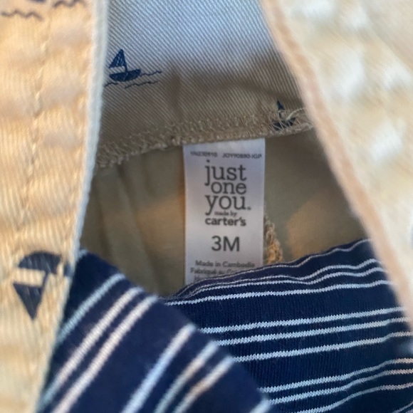 3 Month BabyBoy Outfit Tan overalls with navy anchors + blue/white stripe shirt - Picture 3 of 5